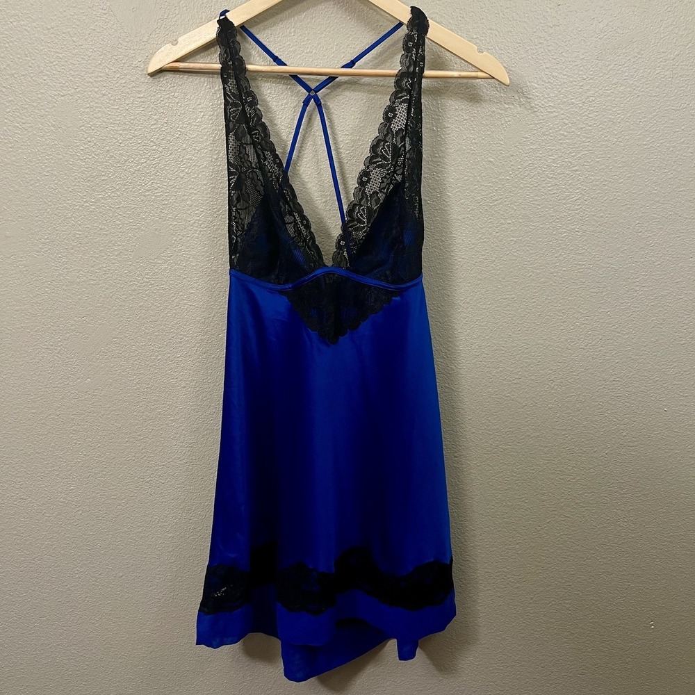 Cassandra‎ Lace & Satin Nightie Lingerie Black Royal Blue Adjustable Straps Sz L